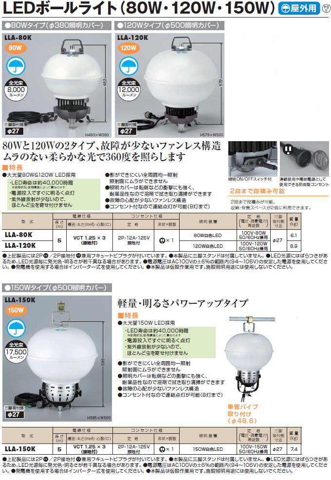ハタヤリミテッド LEDボールライト 150Wタイプ(φ500照明カバー) 屋外用 LLA-150K かんだ！