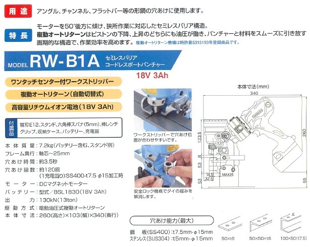 亀倉精機 電動油圧式 コードレス ポートパンチャー RW-B1A かんだ！